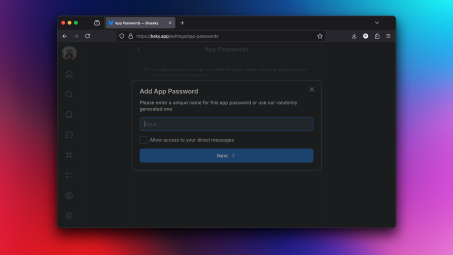 Adding a new app password to Bluesky.