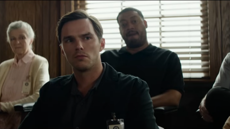 A screenshot from the trailer for Juror #2 featuring Nicholas Hoult