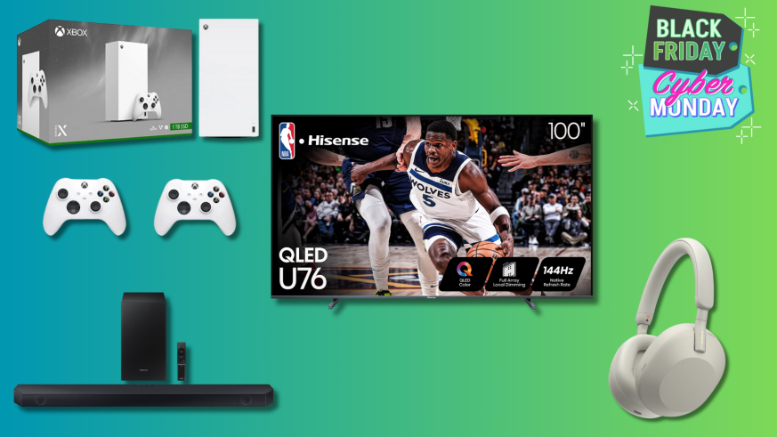 SAMSUNG Q-series Soundbar HW-Q6CC, Xbox Series X 1TB Digital + Extra Xbox Wireless Controller, Hisense 100" Class U7 Series ULED 4K UHD QLED Google Smart TV, Sony WH-1000XM5 The Best Wireless Noise Canceling Headphones - [ ] on a teal and green background with a Black Friday and Cyber Monday sticker. 