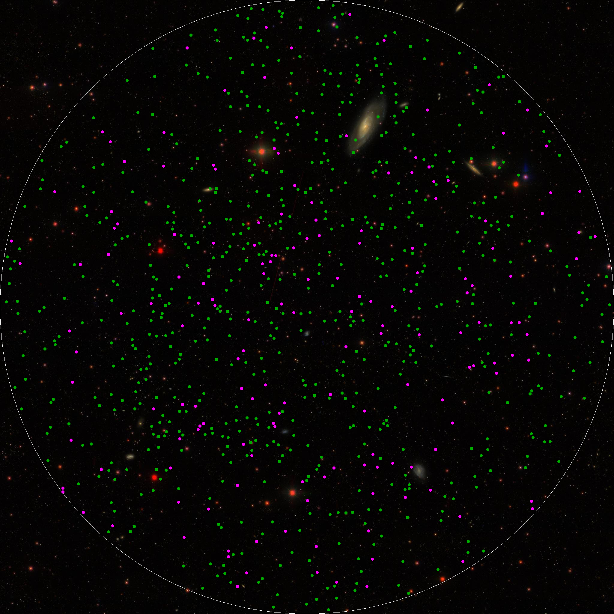 An overlay for Plate 6640 showing both SDSS imaging and the location of drilled holes (green = galaxies; purple = quasars). Image credit: David Kirkby. 