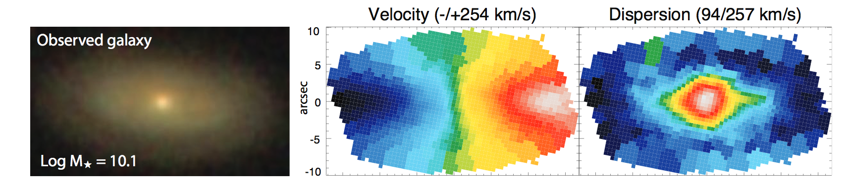 Example of a galaxy observed with MaNGA. Left is the image of the galaxy, showing the stellar light. The middle image is the rotational velocity field of the galaxy: the red part of the galaxy is moving away from us with 254 km/s, and the blue part of the galaxy is moving towards us with the same velocity. The green axis down the middle is the rotation axis. The right image shows the random motions of the stars: these are higher in the centre (red: 257 km/s) than in the outskirts of the galaxy (blue: 94 km/s). Figure taken from Bundy et al. 2015.