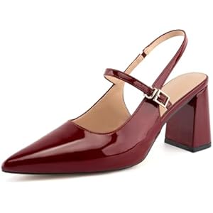 heelchic Women's Pumps Slingback Chunky Heels Closed Pointed Toe Comfortable Low Block Heel Slip-on Sandals Wedding Party Dress Shoes Work Pumps 7 Wine Red