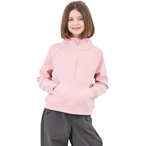 Rolanko Girls Half Zip Pullover Cropped Sweatshirts for Girls' Long Sleeve Sweat Shirts with Thumb Hole (Pink, 10-11 Years)