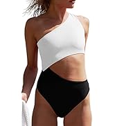 LANNEW Women's Cutout One Piece Ribbed Swimsuit One Shoulder Swimwear Sexy Bathing Suit