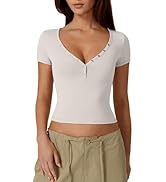 QINSEN Women's Sexy Short Sleeve Henley T Shirts Double Lined Button Up Slim Fit Crop Top Y2K Goi...