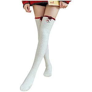 Christmas Knee High Fuzzy Stockings Women Warm Fluffy Thigh High Socks Cozy Coral Fleece Sock Winter Leg Warmers