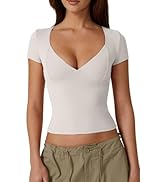 QINSEN Women's V Neck Short Sleeve T Shirts Double Lined Tee Seamed Cup Going Out Tops