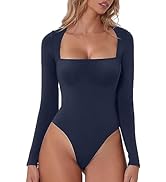 QINSEN Women's Sexy Square Neck Bodysuit Long Sleeve Double Lined Shirt Tops