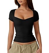 QINSEN Womens Sweetheart Neck Short Sleeve T Shirts Slim Fit Basic Tee Trendy Crop Top