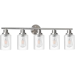 Unicozin 5-Light Bathroom Vanity Light, Bathroom Light Fixtures Over Mirror with Clear Glass Shade, Brushed Nickel Finish Wall Light for Kitchen Bedroom Living Room Hallway, E26 Base 5 Light