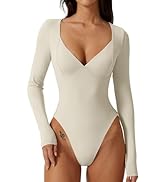 QINSEN Women's Long Sleeve Bodysuit V Neck Body Suits Seamed Cup Going Out Tops Shirt