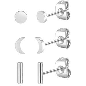 BLISI 3 Pairs Titanium Gold Stud Earrings - Hypoallergenic Moon/Heart/Ball/Bar/Flat Disc Small Studs Earrings for Women Minimalist Silver Nap Earrings Tarnish Resistant Earrings Bar Set-Silv