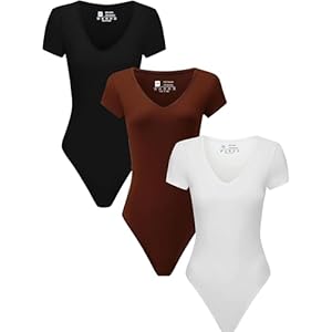 3 Piece Short Sleeve Bodysuit for Women V Neck Stretchy Basic Body Suit Tops