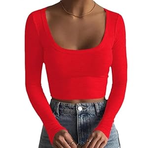 iGENJUN Women's Square Neck Long Sleeve Ribbed Slim Fitted Casual Long Sleeve Shirts Basic Crop Top 2024 Trendy Clothes Large Red