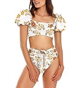 LANNEW Women's High Waist Bikini Sets Print Tie Knot Tummy Control Swimwear 2 Piece Swimsuits