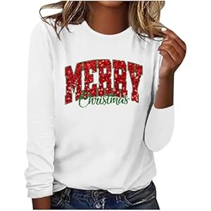 Merry Christmas Shirts for Women Caual Long Sleeve Xmas T-Shirts Cute Letters Graphic Holiday Tee Blouses