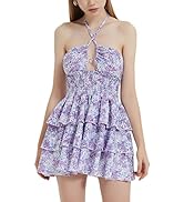 Mebius Womens Floral Mini Dress Summer Criss Cross Halter Backless Preppy Smocked Waist Short Ruf...