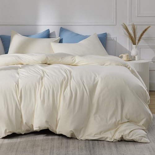 Bedsure 100% Jersey Knit Cotton Duvet Cover, Ultra Soft T-Shirt Cotton Comforter Cover Queen Size, Zipper Closure, 1 Duvet Cover 90x90 Inches and 2 Pillowcases (Cream White)