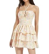 Mebius Womens Floral Mini Dress Summer Criss Cross Halter Backless Preppy Smocked Waist Short Ruf...