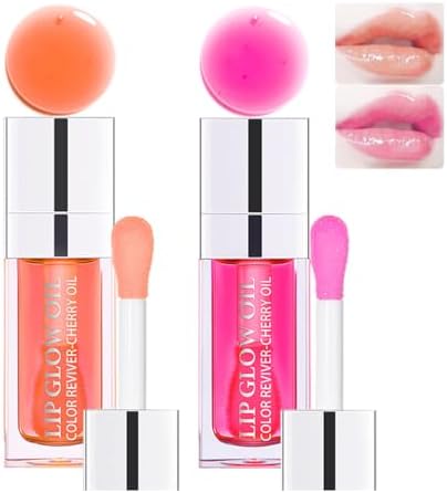 Aaiffey 2 Colors Hydrating Plumping Lip Glow Oil,Moisturizing Lip Oil Gloss Transparent Glossy Lip Gloss Primer Lip Tint for Lip Care and Dry Lip (001#+007#)