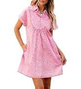 luvamia Denim Dress for Women Summer Short Sleeve Button Down Collared Pleated Western Jean Dress...