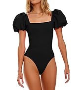 LANNEW Womens One Piece Swimsuit High Cut Swimwear Square Neck Bathing Suits Puff Sleeve Monokini...