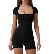 QINSEN Women's Short Sleeve Bodycon Romper Stretchy Square Neck Sexy Unitard Jumpsuit