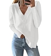 Saodimallsu Womens V Neck Sweater 2024 Fall Oversized Ribbed Knit Trendy Slit Casual Loose Fit Lo...