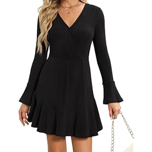 Zattcas Womens 2024 Casual Knit Sweater Dress Long Trumpet Sleeves V Neck Ruffle Hem Mini Short Fall Winter Dresses