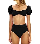 LANNEW Women's High Waist Bikini Sets Tie Back Tummy Control Swimwear 2 Piece Swimsuits with Belt