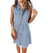 luvamia Women's Casual Summer Lapel Sleeveless Button Down Short Denim Jean Dress