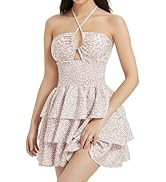 Mebius Womens Floral Mini Dress Summer Criss Cross Halter Backless Preppy Smocked Waist Short Ruf...