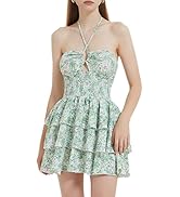 Mebius Womens Floral Mini Dress Summer Criss Cross Halter Backless Preppy Smocked Waist Short Ruf...