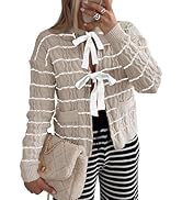 Saodimallsu Womens Striped Tie Front Cardigan Sweaters Crew Neck Long Sleeve Cable Knit Bow Knot ...