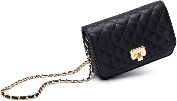 Women Black Quilted Purse Lattice Clutch Small Crossbody Shoulder Bag with Chain Strap Leather