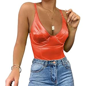 Velius Women's Sexy Deep V Neck Shiny Thong Bodysuit Tank Tops with Underwire Orange Medium