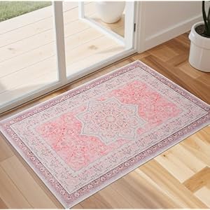 YIHOUSE 2x3 Distressed Small Entryway Rug, Machine Washable Vintage Rug, Low-Pile Non-Slip Throw Indoor Rug for Indoor Front Entrance, Kitchen, Bathroom, Laundry Decor(Pink) Pink 2X3