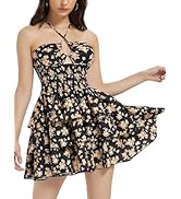 Mebius Womens Floral Mini Dress Summer Criss Cross Halter Backless Preppy Smocked Waist Short Ruf...