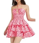 Mebius Womens Floral Mini Dress Summer Criss Cross Halter Backless Preppy Smocked Waist Short Ruf...