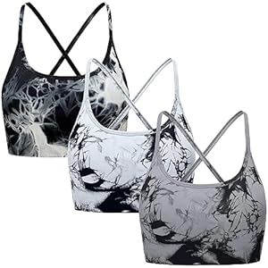 OVESPORT 3 Piece Women's Workout Sports Bras Seamless Tie-dye Strappy Gym Yoga Crop Bra Small White/Black/Gray