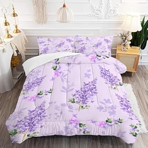 Purple Floral Comforter Set Twin Size Lilac Flower Bedding Sets for Girls Women Kids Teens Vintage Farmhouse Bedroom Bed Bedspread Quilt,1 Comforter + 1 Pillow Case 2 Twin