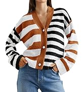 Saodimallsu Womens Striped Cardigan Sweaters V Neck Open Front Button Up Color Block Fuzzy Loose ...