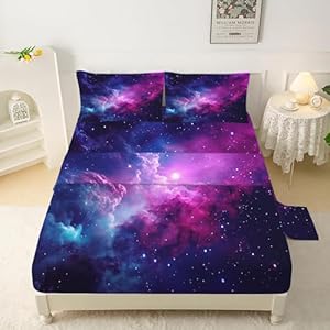 Purple Galaxy Bedding Set Queen Kids Teens Girls Boys Starry Sky Fitted Sheet Space Universe Star Design, Home Decorative 3 Pcs Bedding Decor Set with 1 Flat & 2 Pillowcases Lcl01-04 Queen