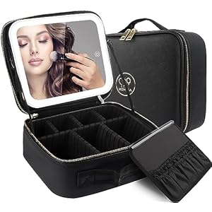 MOMIRA Reise-Make-up-Tasche Kosmetiktasche mit beleuchtetem Spiegel, Einstellbarer Helligkeit in 3 Farbszenarien, wasserdichte Makeup-Trainingsbox, Geschenk für Frauen - Schwarz Schwarz 26*2