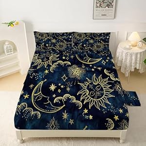 Celestial Sheets Set Full Size 4 Pcs,Sun and Moon Starry Galaxy Boho Bedding Sets for Kids Teens Girls Boys,Hippie Constellation Bed Sheets with 1 Flat & 2 Pillowcases Lcl01-07 Full