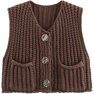 Ainangua Sleeveless Cropped Cardigan for Women Casual Chunky Knit Tank Tops Button Down Open Front Sweater Vest with Pockets Small Coffee