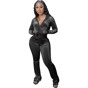 yidengymx Womens 2 Piece Velour Tracksuit Two Piece Outfits for Women Long Sleeve Zip Up Crop Tops Sweatpants Sets Pockets Hoodie/Wide Leg Pants-black X-Small