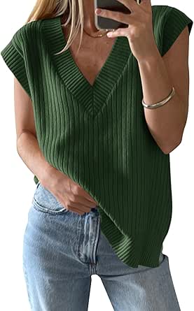 Saodimallsu Womens V Neck Sweater Vest Oversized Ribbed Knit Sleeveless Casual Loose Fit Pullover Tank Top