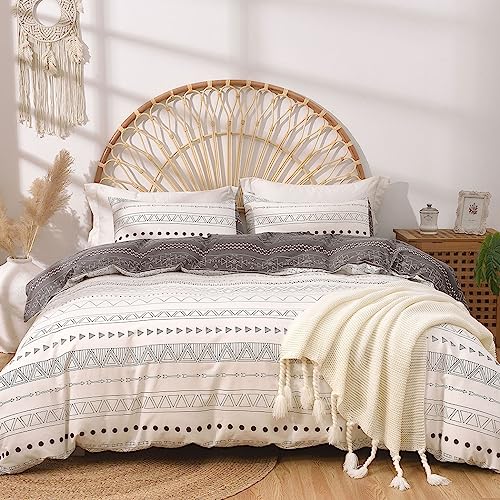 Lekesky Cotton Duvet Cover Queen Size, Boho Aztec White Duvet Cover Bedding Set for All Season, 3pcs Soft Comfortable Lightweight Duvet Cover and 2 Pillowcases