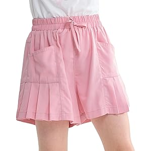 Rolanko Shorts for Girls, Lightweight Girls Shorts with Pockets Pleats Design Kids Shorts for Casual Beach Sports 5-15 Years 11-12 Years Pink